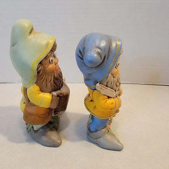 Vtg Pair Ceramic Garden Gnomes 5.5" Tall Boho 1970's Googly Eyes Hand Painted - Picture 4 of 12